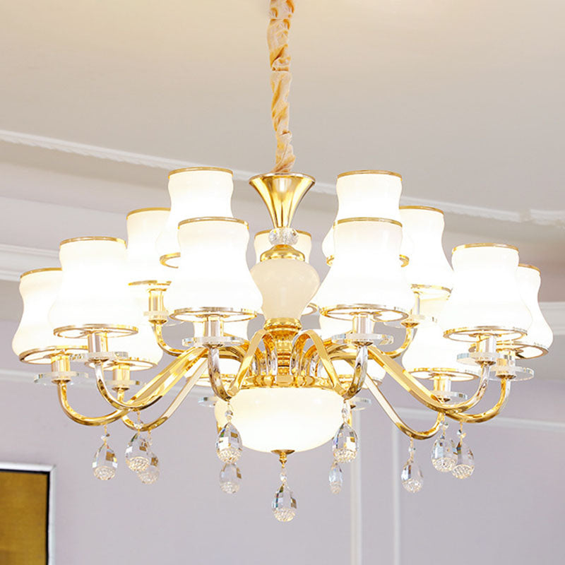 Gold Curved Downlight Pendant Chandelier with White Frosted Glass Shade