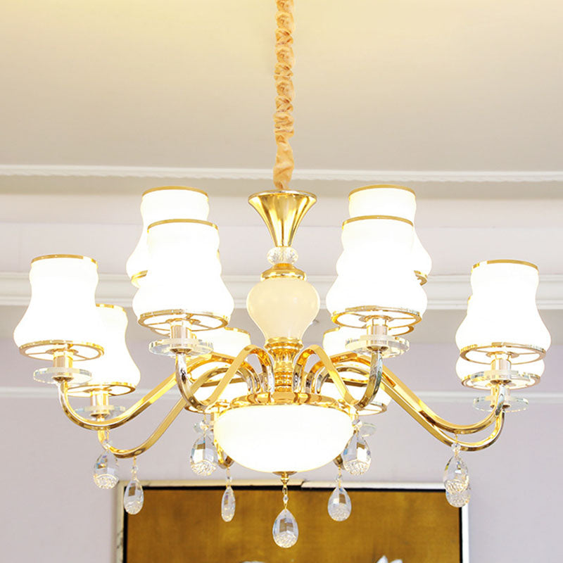 Gold Curved Downlight Pendant Chandelier with White Frosted Glass Shade