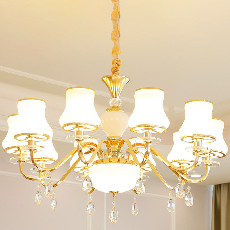 Gold Curved Downlight Pendant Chandelier with White Frosted Glass Shade