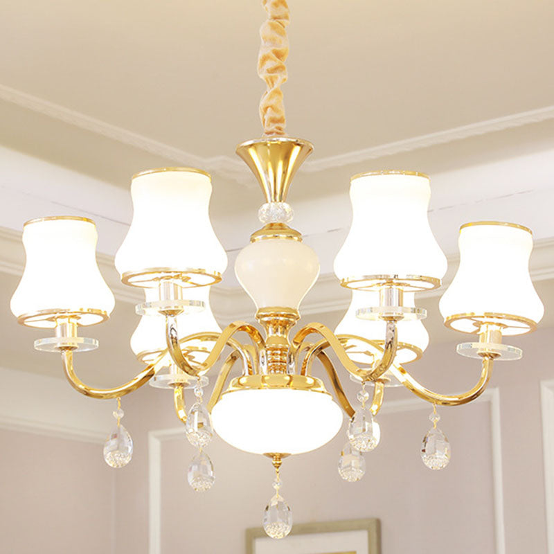 Gold Curved Downlight Pendant Chandelier with White Frosted Glass Shade
