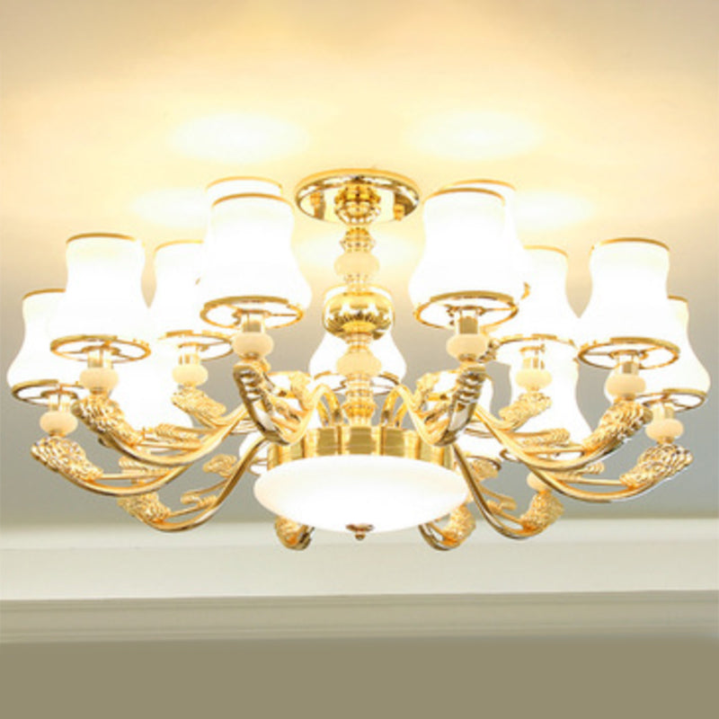 Gold Curved Downlight Pendant Chandelier with White Frosted Glass Shade