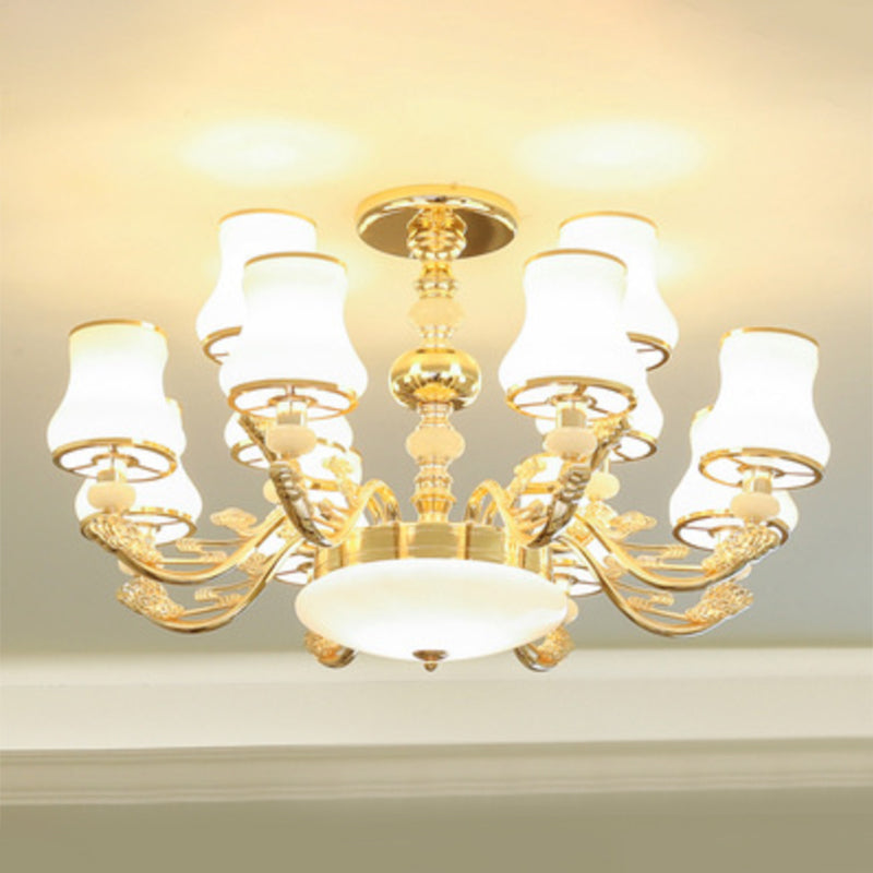 Gold Curved Downlight Pendant Chandelier with White Frosted Glass Shade