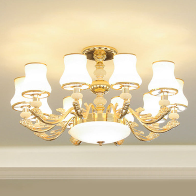 Gold Curved Downlight Pendant Chandelier with White Frosted Glass Shade