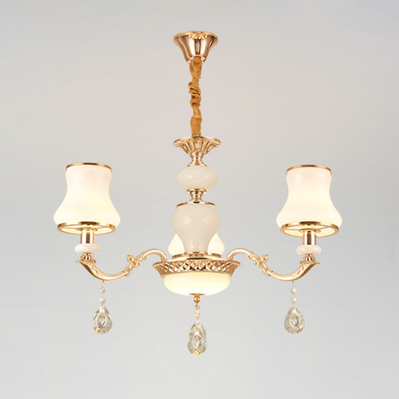 Frosted Glass Curve Chandelier with Crystal Accent in Gold - Minimal Ceiling Lighting