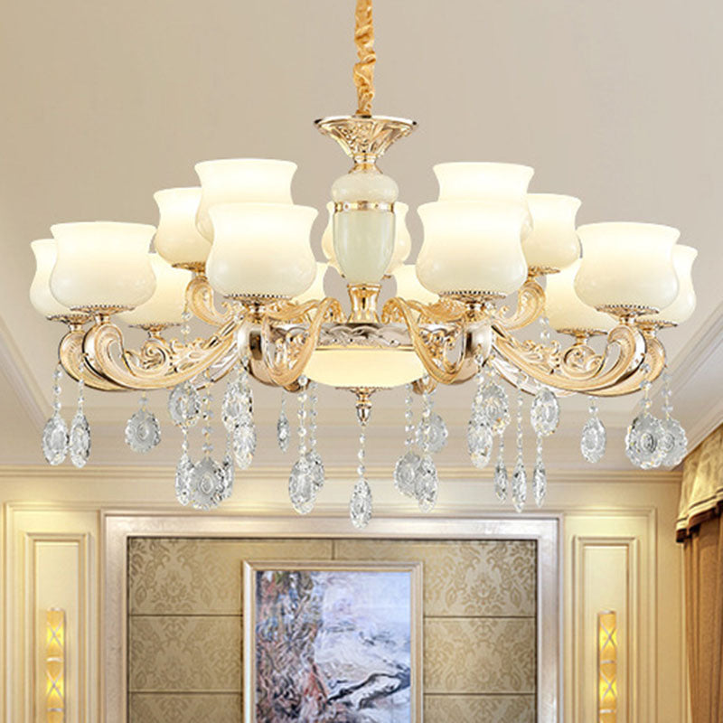 White Faux Jade Urn Pendant Chandelier with Crystal Accent - Modernist Hanging Ceiling Light