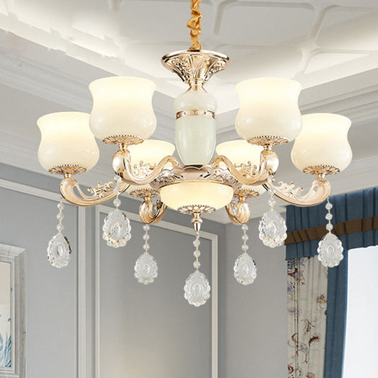 White Faux Jade Urn Pendant Chandelier with Crystal Accent - Modernist Hanging Ceiling Light