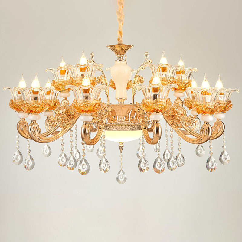 Gold Floral Glass Chandelier: Elegant Living Room Suspension Lamp