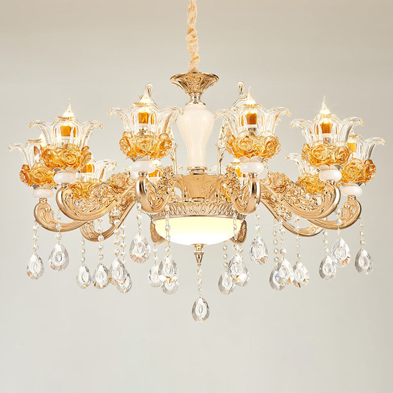 Gold Floral Glass Chandelier: Elegant Living Room Suspension Lamp