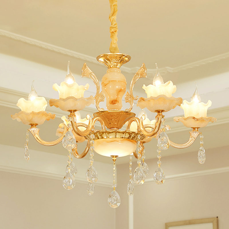 Rustic Jade Gold Chandelier - Floral Living Room Pendant With Crystal Draping 6 / A