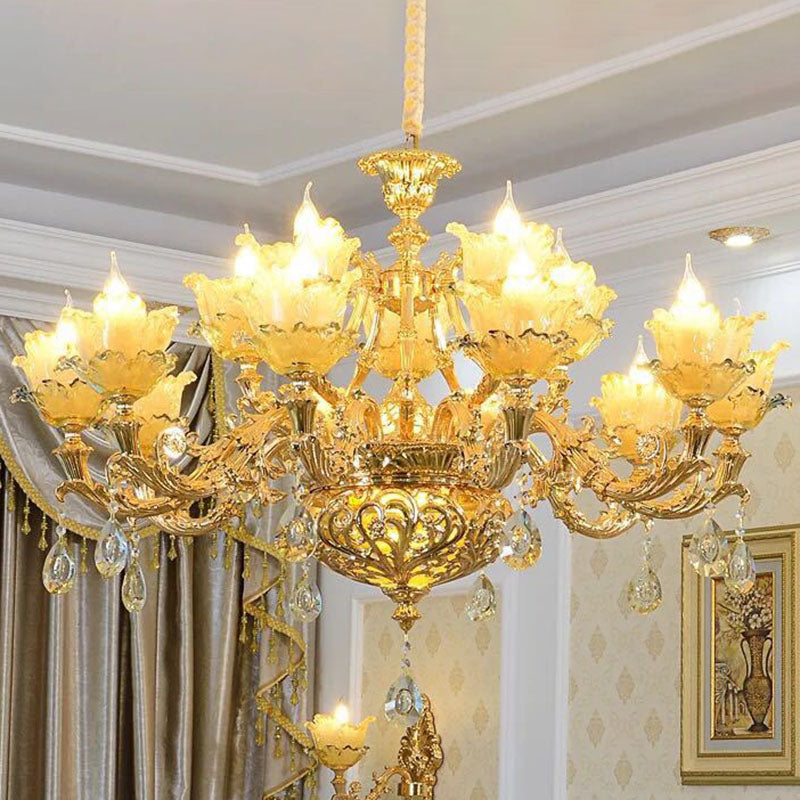 Amber Textured Glass Modernism Pendant Light Fixture - Petal Living Room Chandelier in Gold