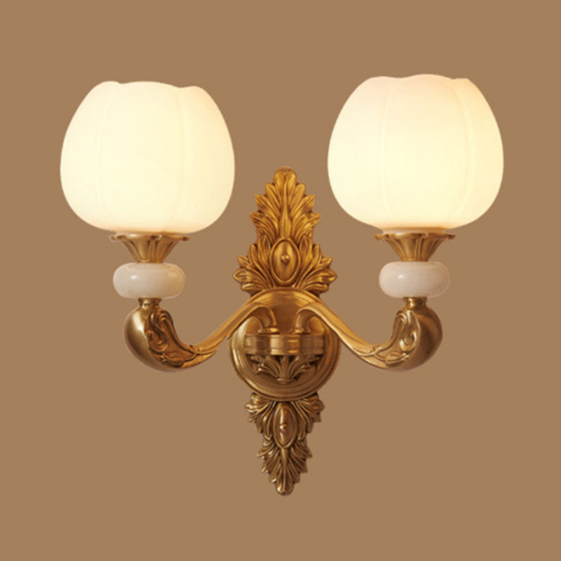 Modern Opal Glass Bud Pendant Chandelier with Brass Suspension and Curved Arm