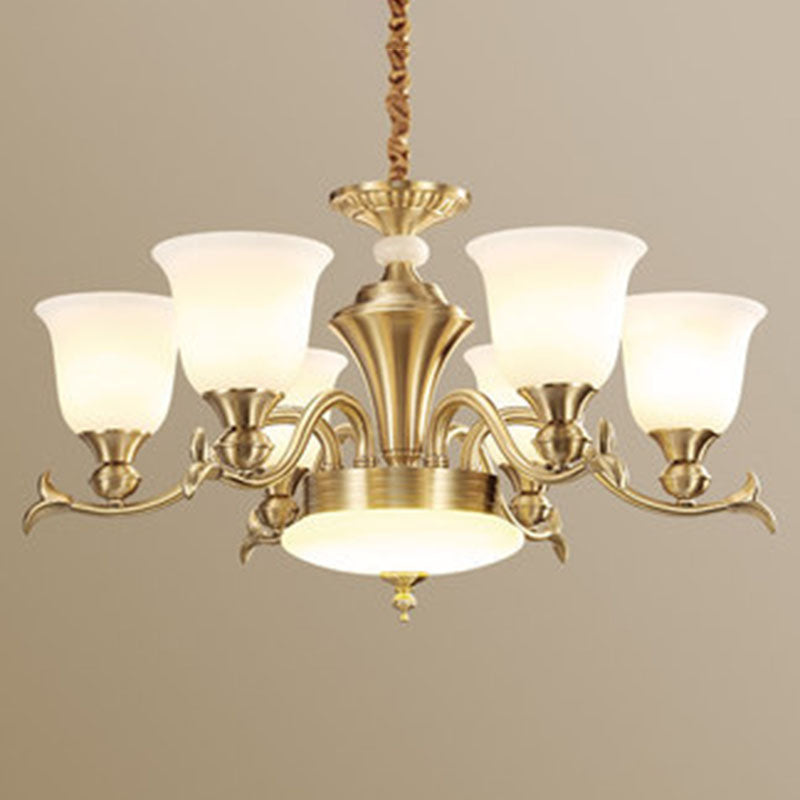 Modern Opaline Glass Chandelier for Living Room - Gold Bell Hanging Light Fixture