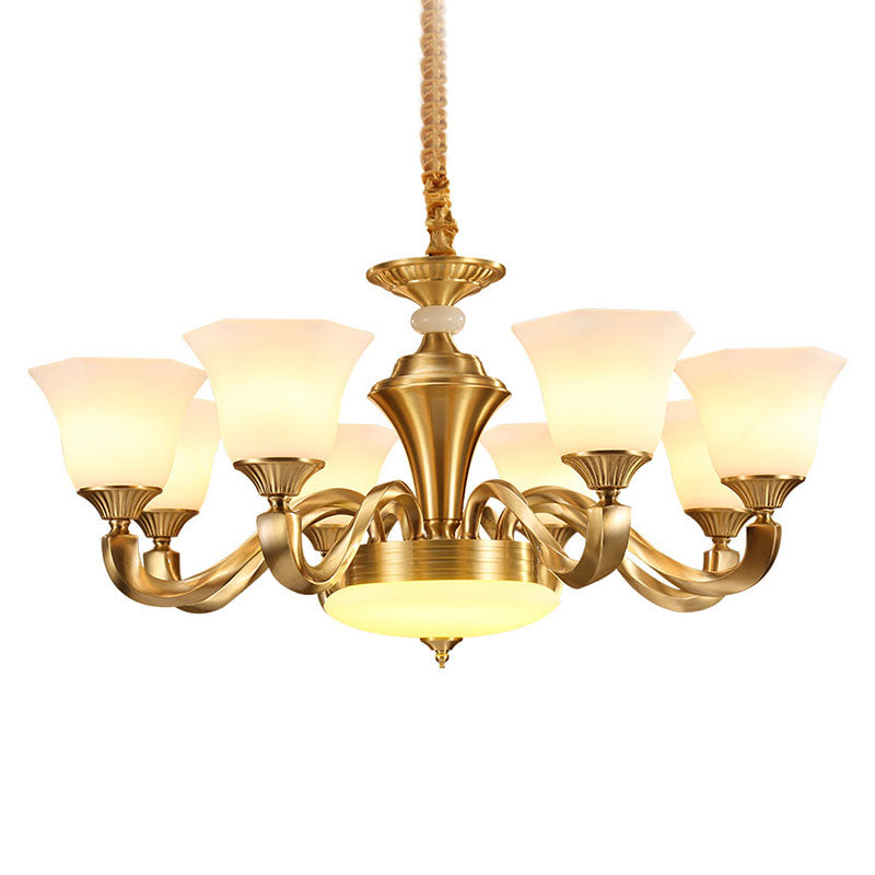 Gold Paneled Pendant Chandelier With Milky Glass Shade - Modern Lighting