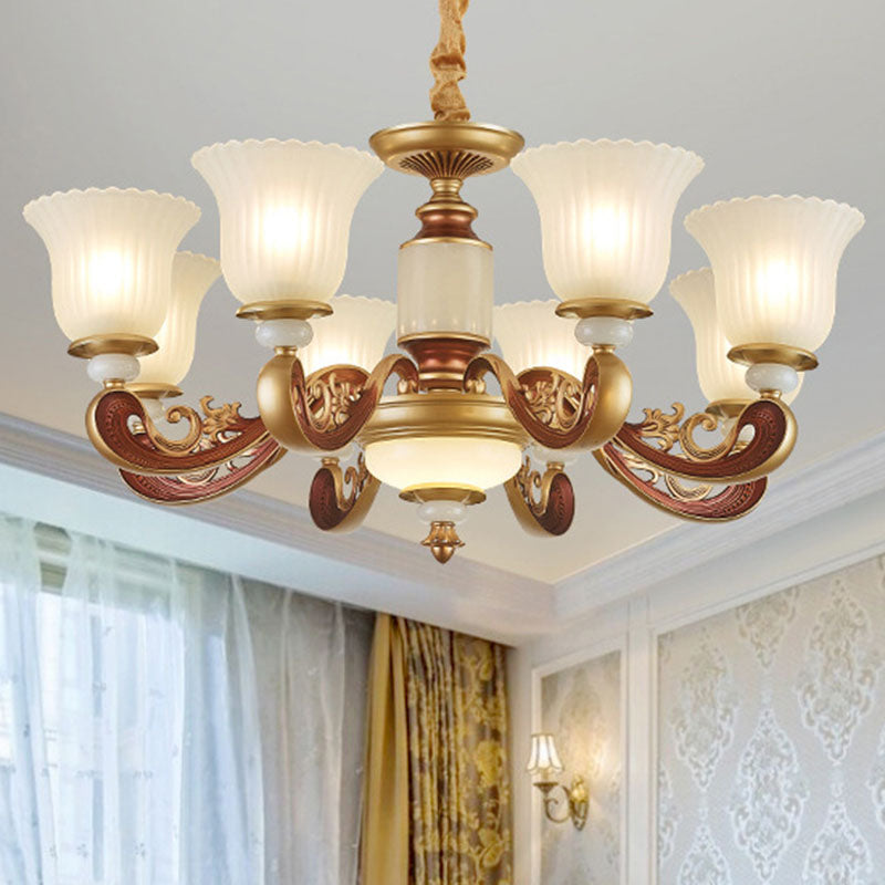 Lustre doré avec abat-jour en verre côtelé givré pour éclairage suspendu de salle à manger