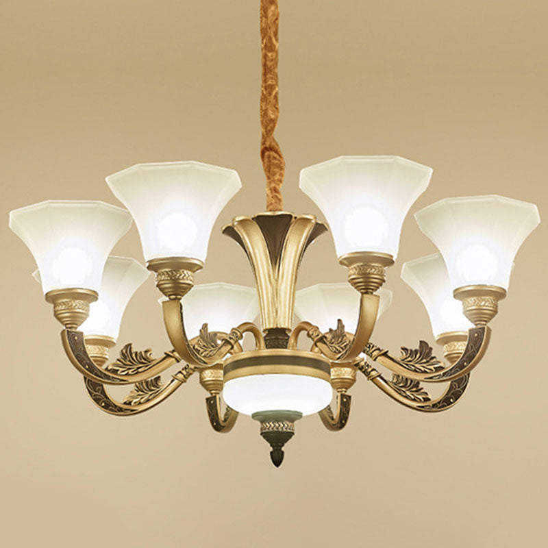Lustre suspendu moderne en forme de cloche avec panneau doré et abat-jour en verre givré opalin