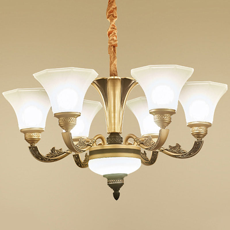 Lustre suspendu moderne en forme de cloche avec panneau doré et abat-jour en verre givré opalin