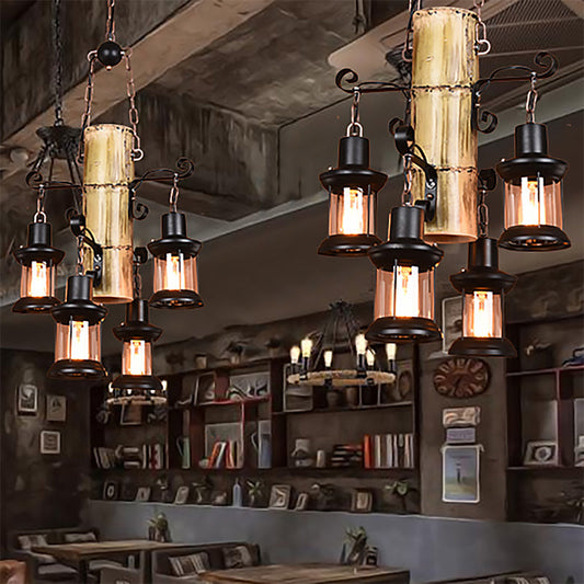 Coastal Black Pendant Chandelier with Clear Glass/Marble and Bamboo Shelf