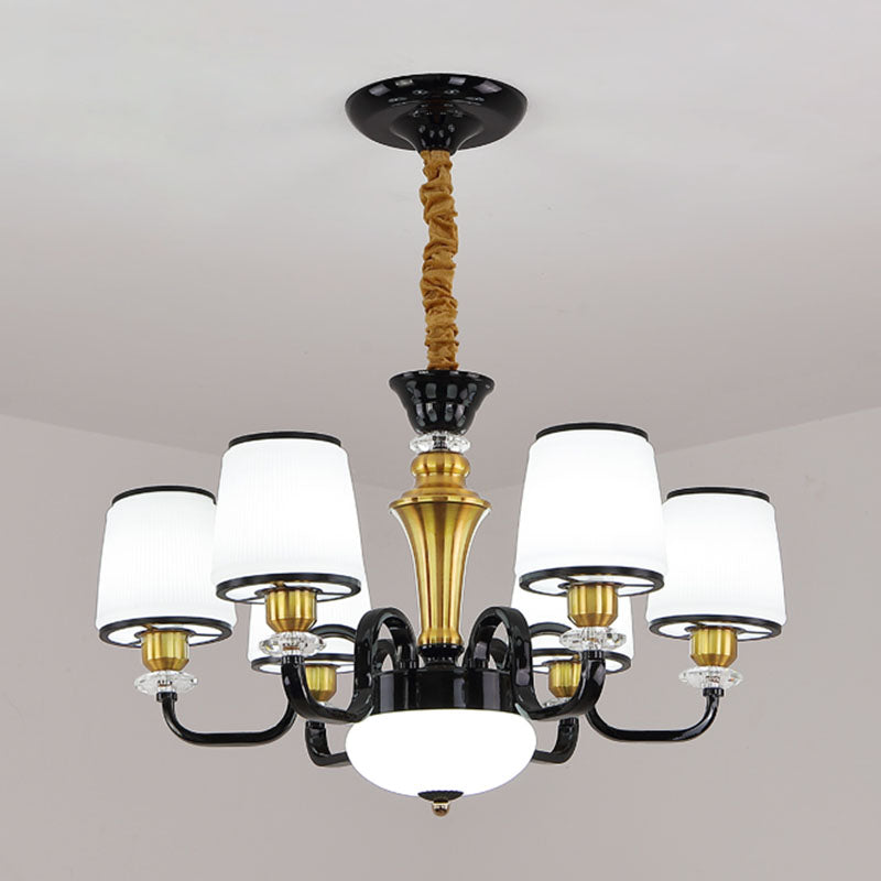 Contemporary Black Chandelier For Dining Room With White Glass Barrel Drops