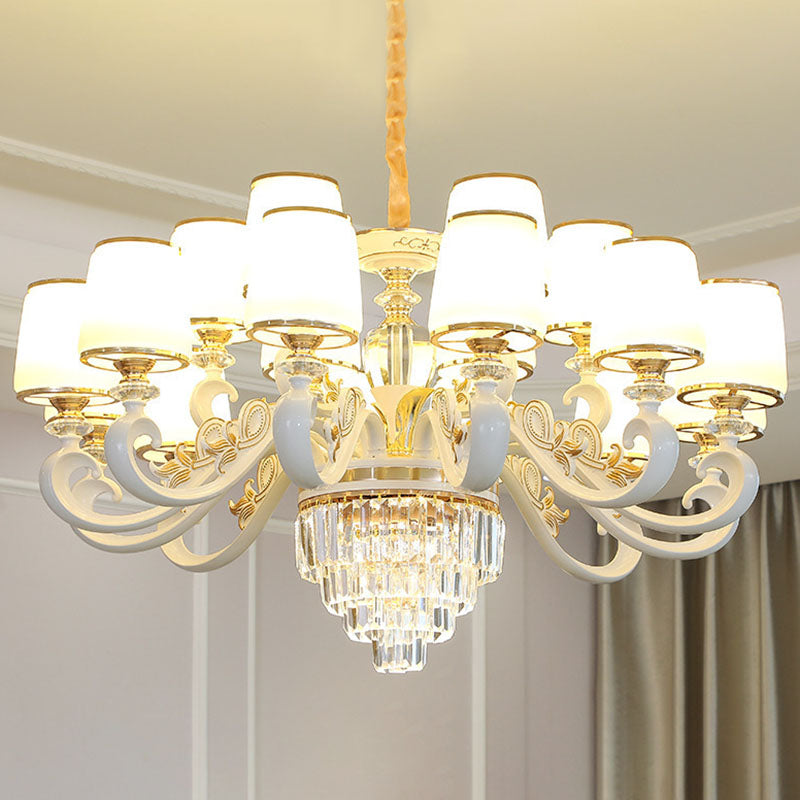 Sleek Gold Conical Pendant Light: Opaline Glass Chandelier with Curved Arm – Modern Simplicity