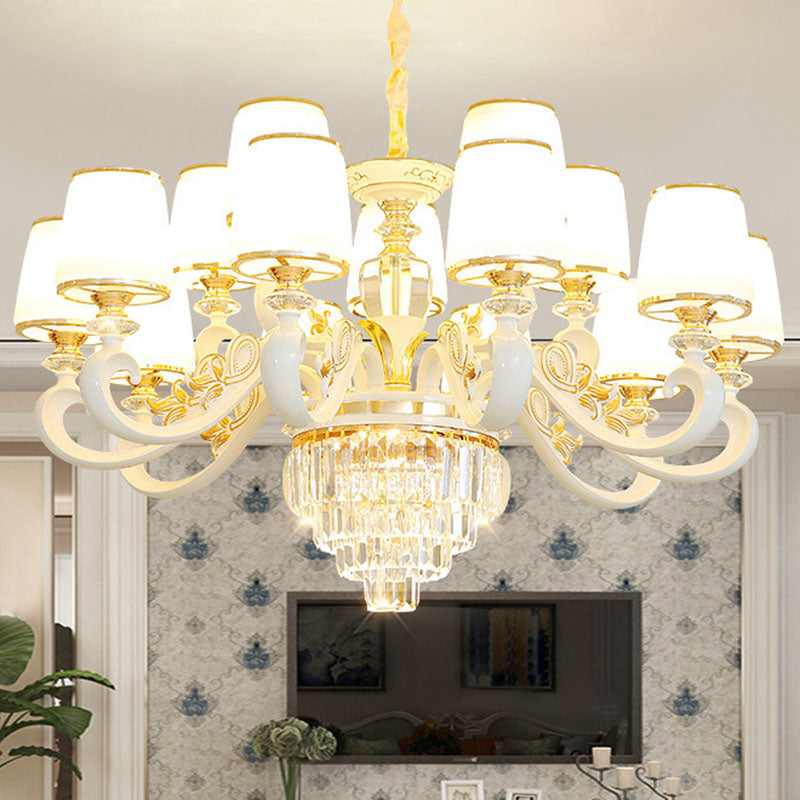 Sleek Gold Conical Pendant Light: Opaline Glass Chandelier with Curved Arm – Modern Simplicity