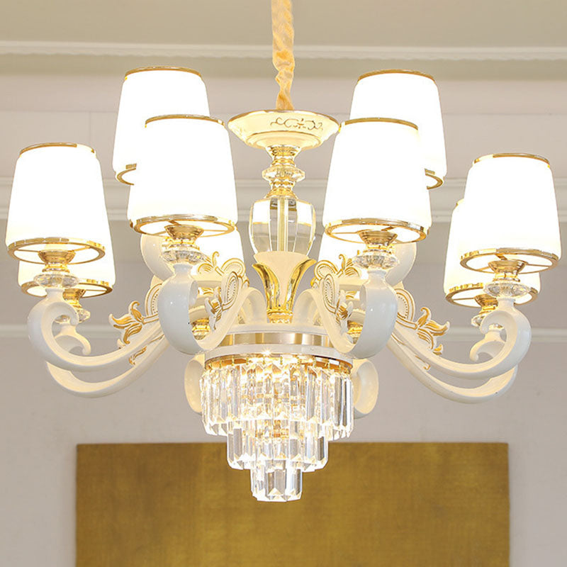 Sleek Gold Conical Pendant Light: Opaline Glass Chandelier with Curved Arm – Modern Simplicity