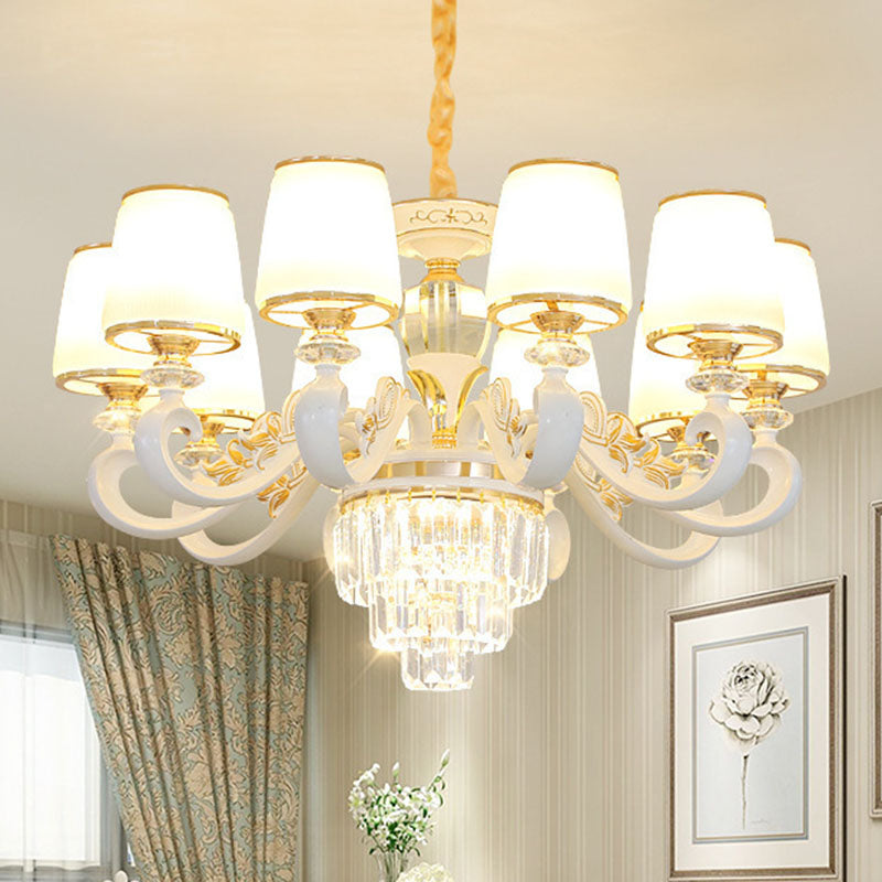 Sleek Gold Conical Pendant Light: Opaline Glass Chandelier with Curved Arm – Modern Simplicity