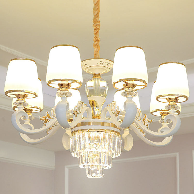 Sleek Gold Conical Pendant Light: Opaline Glass Chandelier with Curved Arm – Modern Simplicity