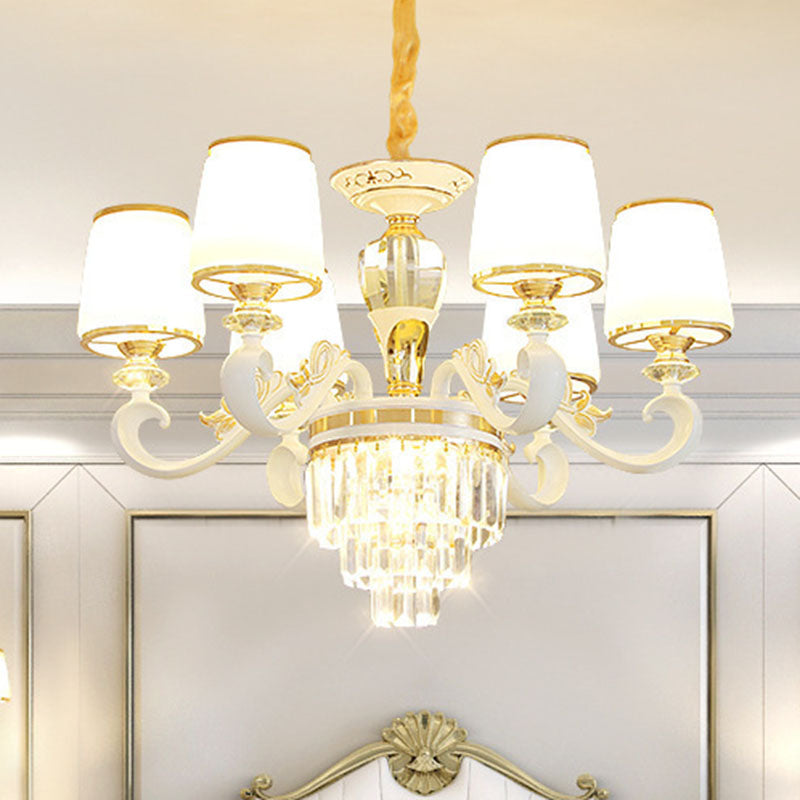 Sleek Gold Conical Pendant Light: Opaline Glass Chandelier with Curved Arm – Modern Simplicity