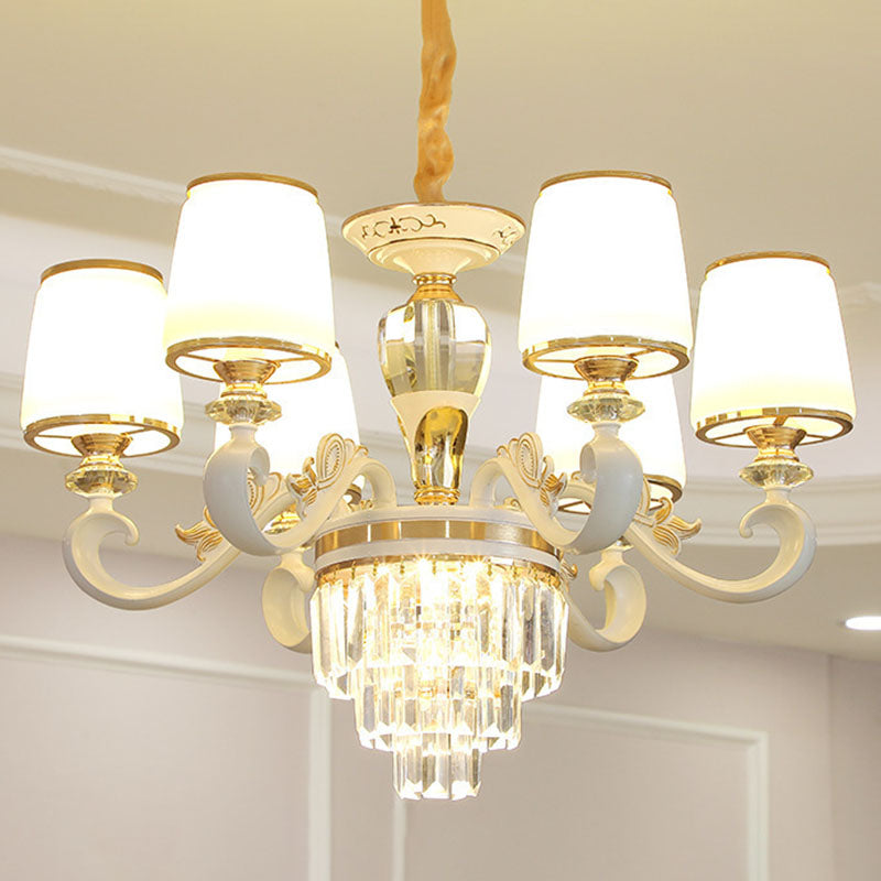 Sleek Gold Conical Pendant Light: Opaline Glass Chandelier with Curved Arm – Modern Simplicity