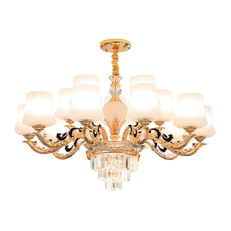 Lustre conique doré : lampe à pendule élégante avec abat-jour en verre dépoli blanc pour le salon