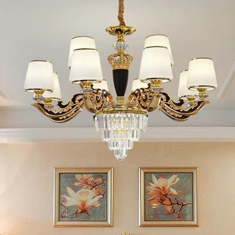 Modern Gold Conic Chandelier - Opaline Glass Pendant Light with Crystal Accent