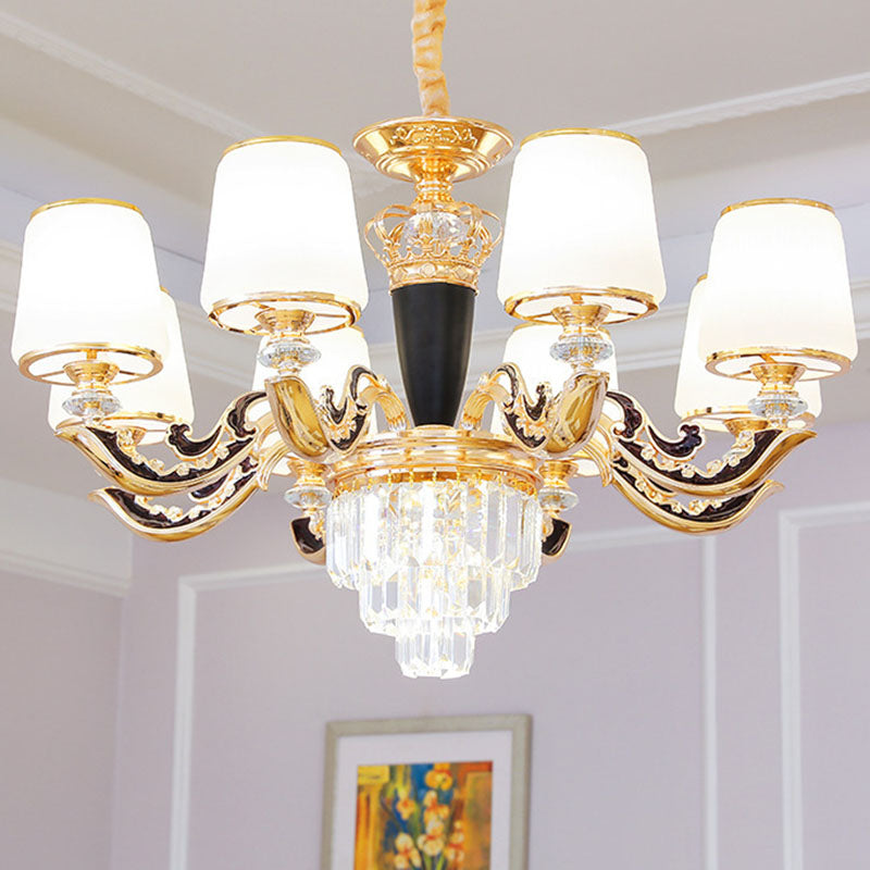 Modern Gold Conic Chandelier - Opaline Glass Pendant Light with Crystal Accent
