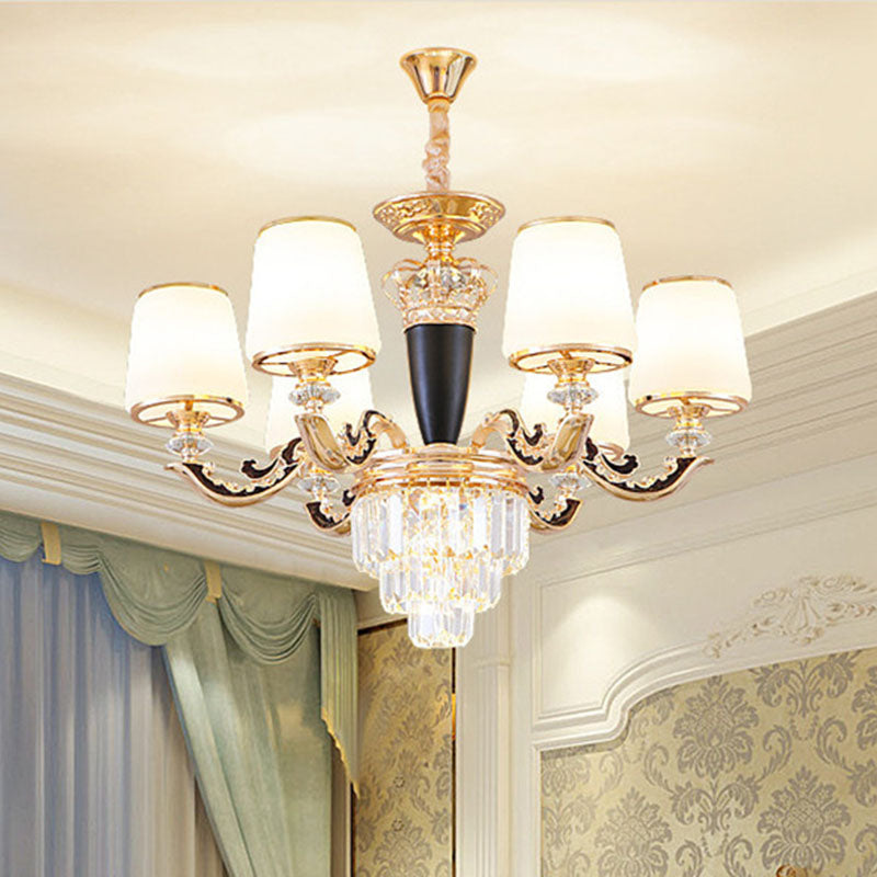 Modern Gold Conic Chandelier - Opaline Glass Pendant Light with Crystal Accent