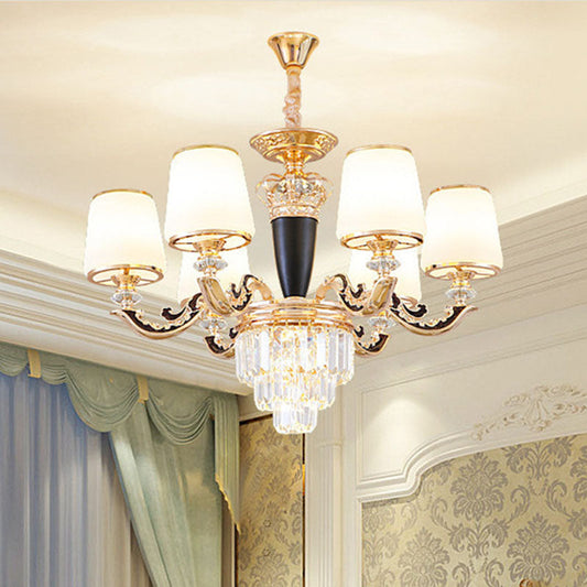 Modern Gold Conic Chandelier - Opaline Glass Pendant Light with Crystal Accent