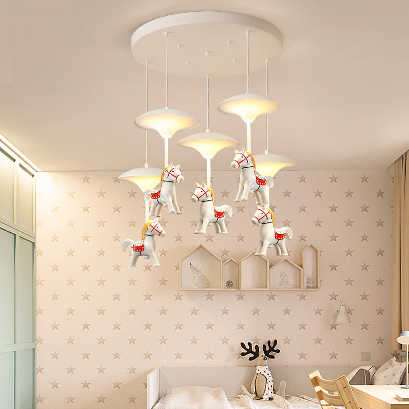 Cartoon Led Ceiling Pendant - White Horse Hanging Light With Metal Shade For Bedroom