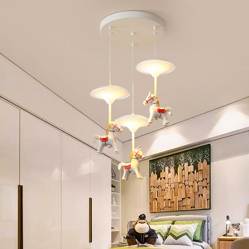 Cartoon Led Ceiling Pendant - White Horse Hanging Light With Metal Shade For Bedroom