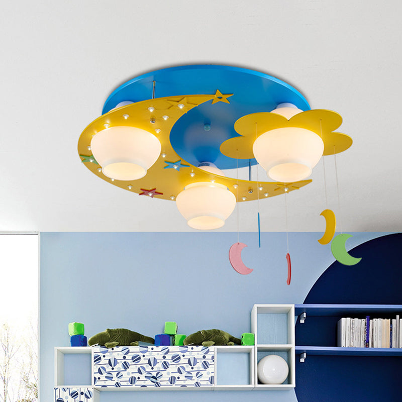Blue Wood Moon Flush Mount Lamp: Kid-Friendly 3-Bulb Ceiling Light with Blown Glass Shade
