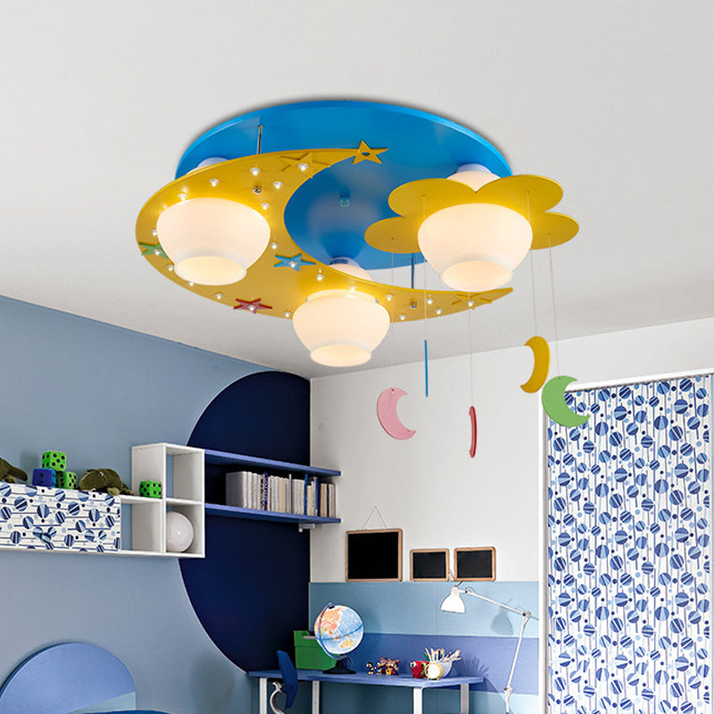 Blue Wood Moon Flush Mount Lamp: Kid-Friendly 3-Bulb Ceiling Light with Blown Glass Shade