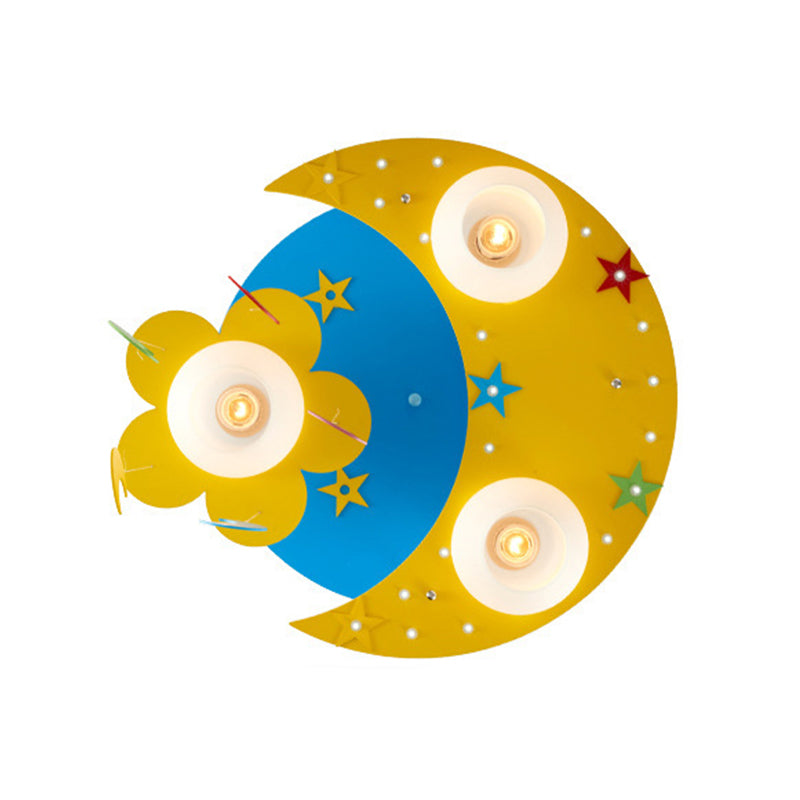 Blue Wood Moon Flush Mount Lamp: Kid-Friendly 3-Bulb Ceiling Light with Blown Glass Shade