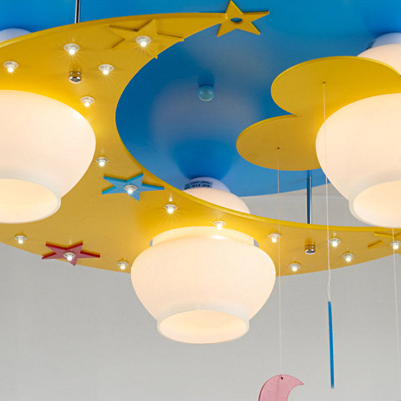 Blue Wood Moon Flush Mount Lamp: Kid-Friendly 3-Bulb Ceiling Light With Blown Glass Shade