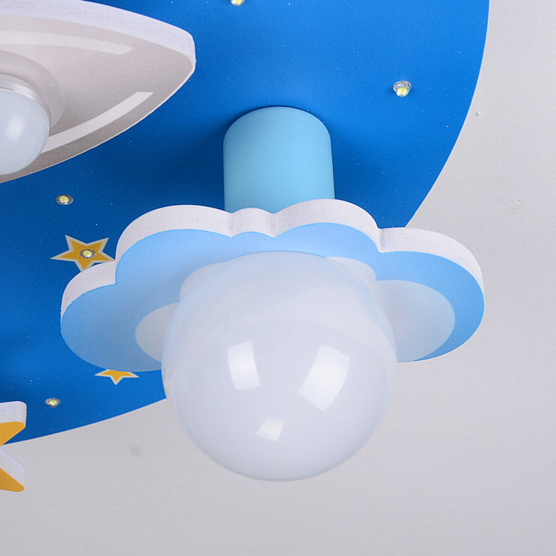 Blue Cloud and Star Wood Flush Mount Lighting for Bedroom - Creative 8 Heads Flush Mount Lamp