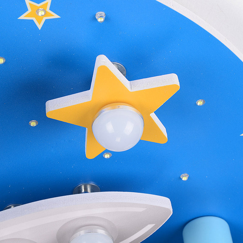Blue Cloud and Star Wood Flush Mount Lighting for Bedroom - Creative 8 Heads Flush Mount Lamp