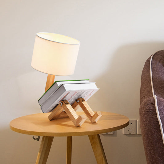 Modern Wood Desk Lamp With Robot Design And Adjustable Cylinder Shade In White For Bedside Or Use