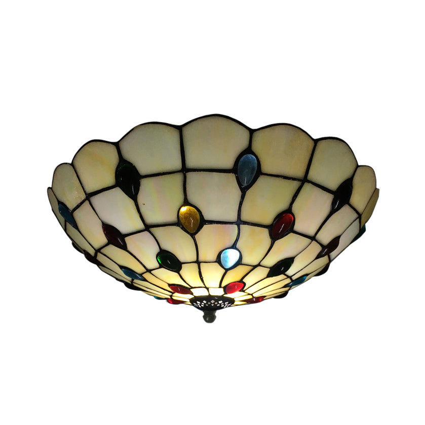 Tiffany 3-Light Beige Flush Mount Ceiling Light for Bedroom with Colorful Jewel and Floral Shade – 19.5"/16" Width