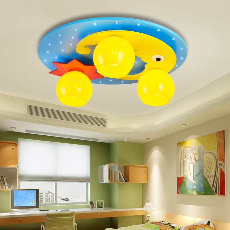 Blue LED Cartoon Ceiling Lamp for Child's Bedroom - Wood Night View Flush Mount Light