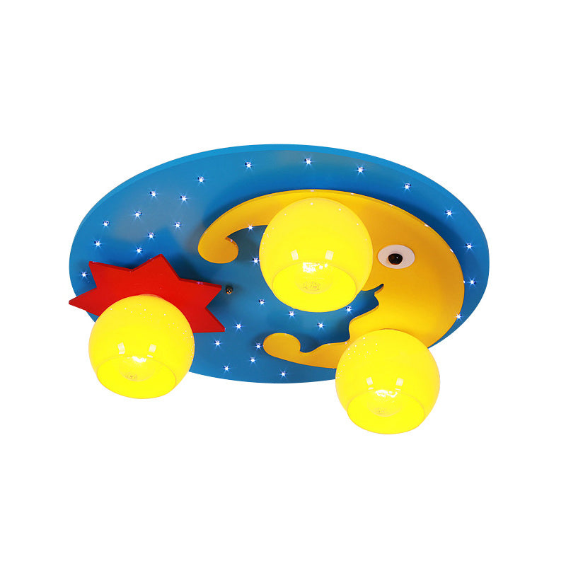 Blue LED Cartoon Ceiling Lamp for Child's Bedroom - Wood Night View Flush Mount Light