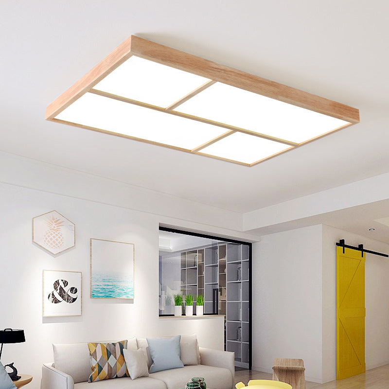 Sleek Beige LED Geometric Wood Flush Mount - Stylish Ceiling Light for Living Room