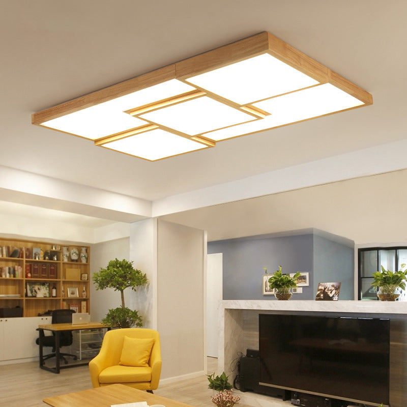 Geometric Wooden Flush Light - Modern Beige LED Fixture for Living Room Ceiling