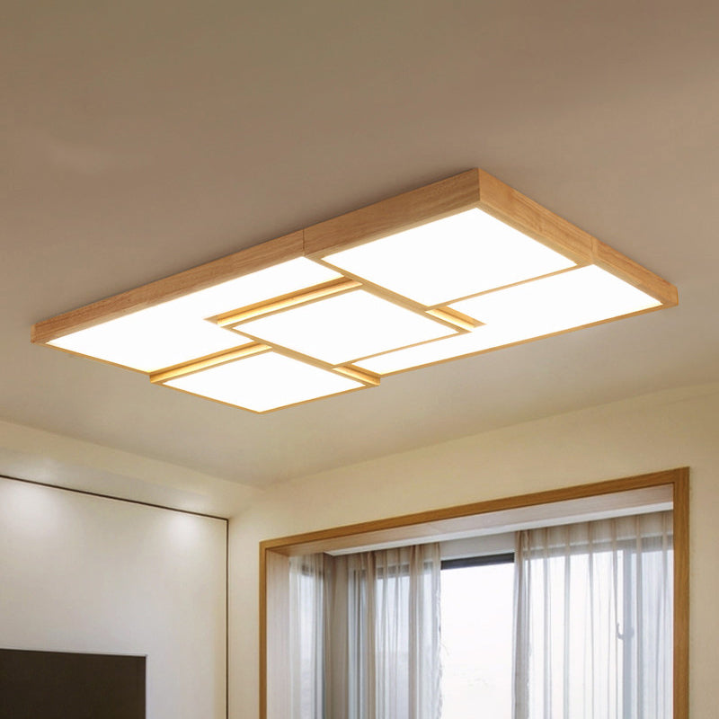 Geometric Wooden Flush Light - Modern Beige LED Fixture for Living Room Ceiling