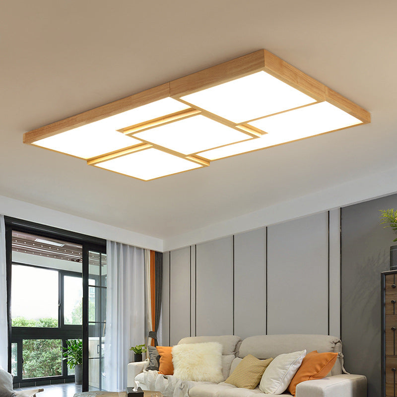 Geometric Wooden Flush Light - Modern Beige LED Fixture for Living Room Ceiling